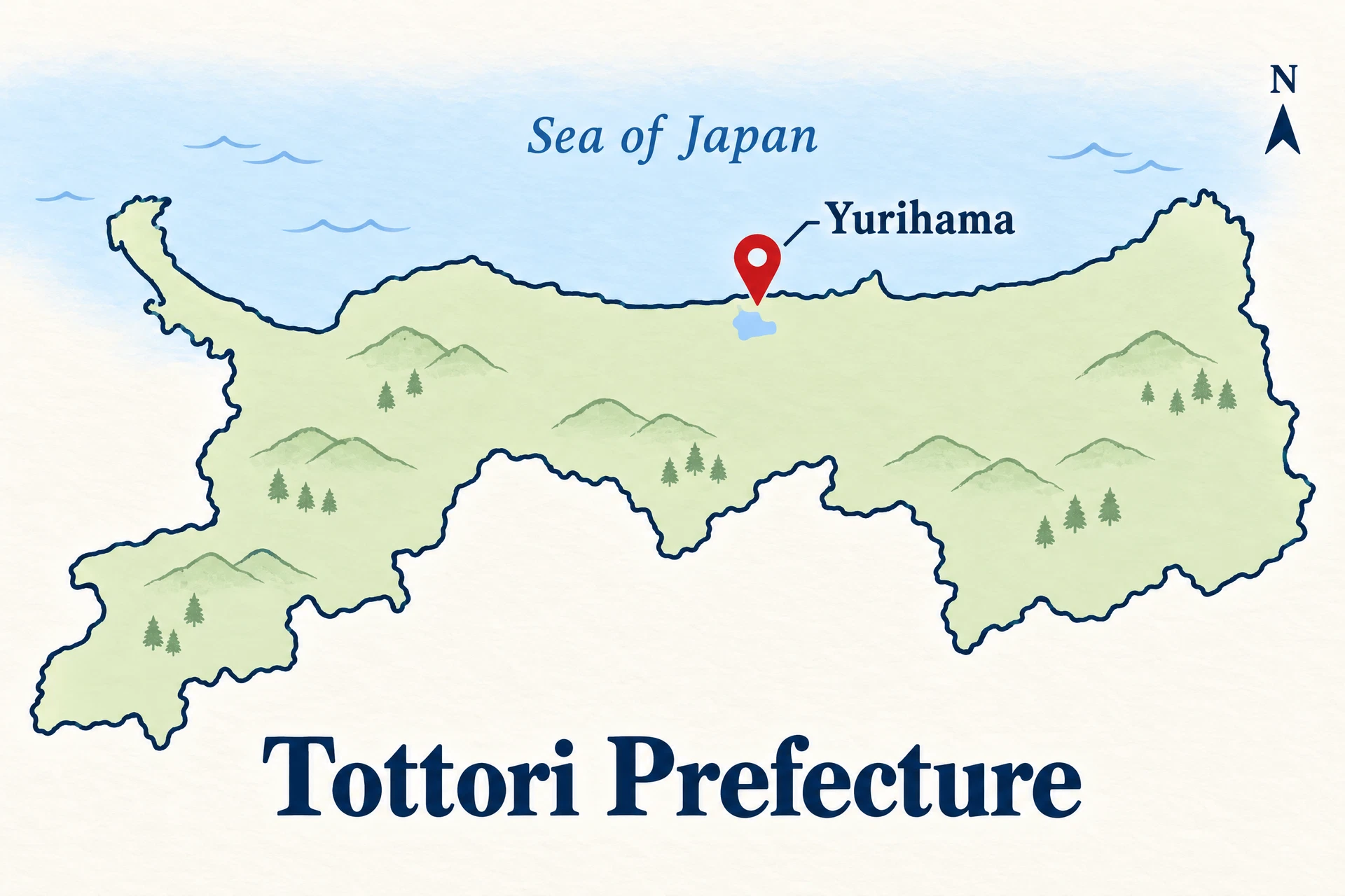 Original simplified illustrated map of Tottori Prefecture, with a red pin marking Yurihama on the north-central coast and the Sea of Japan to the north